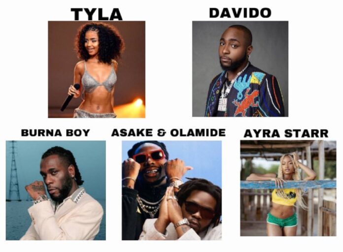 The Grammy  Awards says Nigerian singers, Davido, Burna Boy, Ayra Starr, Asake and Olamide have made its 2024 Awards nomination list.